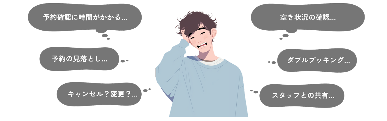 予約確認に時間がかかる／空き状況の確認／予約の見落とし／ダブルブッキング／キャンセル？変更？／スタッフとの共有